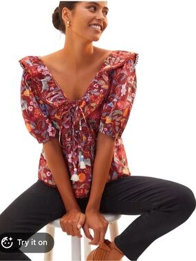Maeve Red Floral Ruffle Tie-Front Blouse